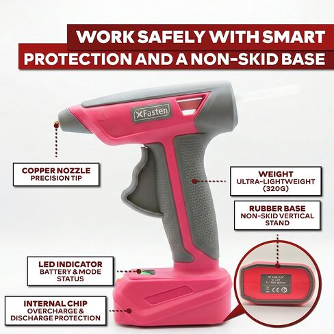 XFasten Pink Cordless Hot Glue Gun and Sticks Set, USB-C Rechargeable with 7.2V Battery, 15s Fast Preheating with 20 Pcs Crystal Clear Mini Glue Sticks and Silicone Mat for Crafts DIY Home Repairs in Kuwait