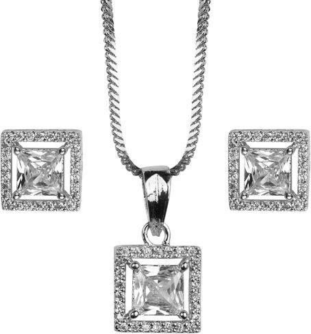 Jewelry Luxury Pendant Gift Set for Women | Pendant with 2 Earrings, Option in 10 Design with Gold Silver Princess Cut Round Heart and Oval (Silver, Heart) One Size Multi in Saudi Arabia