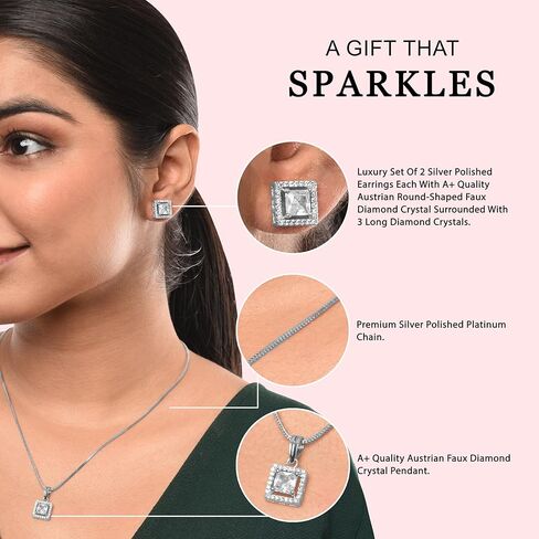 Jewelry Luxury Pendant Gift Set for Women | Pendant with 2 Earrings, Option in 10 Design with Gold Silver Princess Cut Round Heart and Oval (Silver, Heart) One Size Multi in Saudi Arabia
