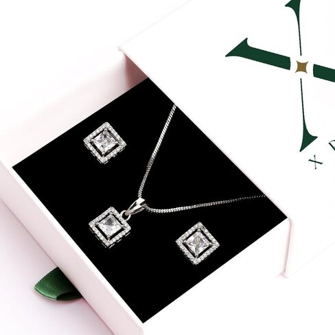 Jewelry Luxury Pendant Gift Set for Women | Pendant with 2 Earrings, Option in 10 Design with Gold Silver Princess Cut Round Heart and Oval (Silver, Heart) One Size Multi in Saudi Arabia
