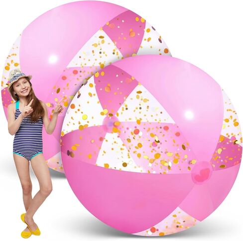 Sosation 48 Inch Giant Pink Inflatable Beach Balls 4 Feet Glitter Confetti Pool Balls Heavy Duty Inflatable Ball Funny Pool Toys for Summer Beach Pool Party Favor Supplies in Saudi Arabia