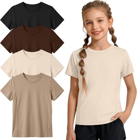 4 Pack Girls' Athletic Shirts Short Sleeve Quick Dry Active T-Shirt Summer Crew Neck Sports Activewear Top for Kids in Saudi Arabia