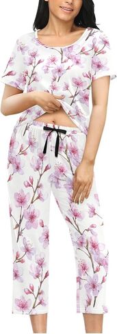 Women's Comfy Chic 2 Pcs Loungewear Set,Casual Sleepwear Short Sleeve Tops & Capri Pants PJs Set with Pockets S-XXL in Saudi Arabia