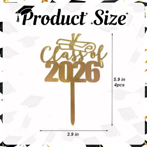 4Pcs Graduation Class of 2026 Cake Topper - Acrylic Congrats Grad Cake Toppers for Gold Glitter Graduation Cake Decorations - Grad Party Decorations Supplies in Saudi Arabia
