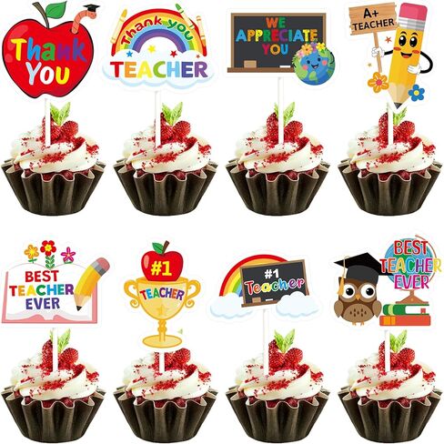 WorldBazaar Teacher Appreciation Cupcake Toppers 24 PCS Graduation Thank You Teacher Cupcake Decoration End of Year Grad Party Decorations in Kuwait