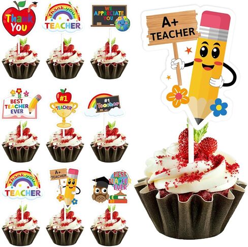 WorldBazaar Teacher Appreciation Cupcake Toppers 24 PCS Graduation Thank You Teacher Cupcake Decoration End of Year Grad Party Decorations in Kuwait