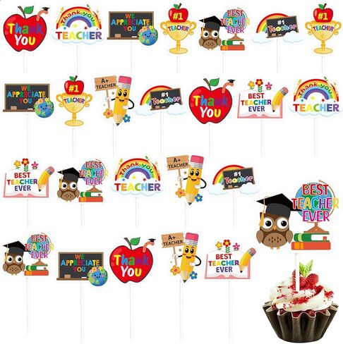 WorldBazaar Teacher Appreciation Cupcake Toppers 24 PCS Graduation Thank You Teacher Cupcake Decoration End of Year Grad Party Decorations in Kuwait