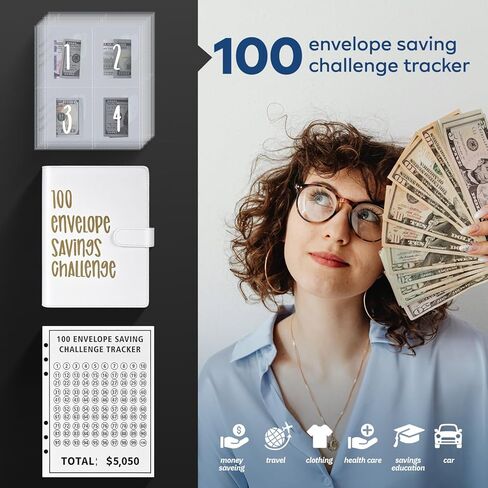 تحدي توفير المال في 100 ظرف، مجلد تحدي 100 ظرف، طريقة سهلة ومضحكة لتوفير مخطط ميزانية بقيمة 5050 دولارًا أمريكيًا مع مظاريف نقدية (أبيض) in Kuwait
