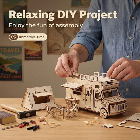 لغز خشبي ثلاثي الأبعاد للمراهقين البالغين، مجموعة بناء نموذج شاحنة التخييم DIY، مجموعة ألغاز التخييم RV، حرفة تخفيف التوتر، هدية عيد ميلاد مثالية للأنشطة العائلية أو ديكور المنزل in Kuwait