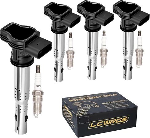 مجموعة من 4 ملفات إشعال وشمعات إشعال لسيارة Volkswagen VW Tiguan Jetta Passat Beetle GTI CC EOS Audi A3 A4 A5 A6 شمعات الإشعال وملفات 2.0 L4 تحل محل UF575 06F905115E in Kuwait