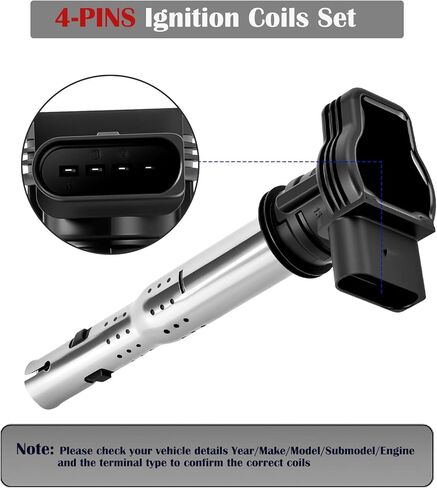 مجموعة من 4 ملفات إشعال وشمعات إشعال لسيارة Volkswagen VW Tiguan Jetta Passat Beetle GTI CC EOS Audi A3 A4 A5 A6 شمعات الإشعال وملفات 2.0 L4 تحل محل UF575 06F905115E in Kuwait