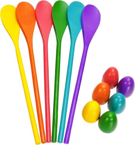 12 Pcs Easter Egg and Spoon Race Game Set, 6 Players Carnival Egg and Spoon Relay Game, Wooden Egg Spoon Balance Carnival Games for Easter Birthday Holiday Outdoor Family Activities in Saudi Arabia