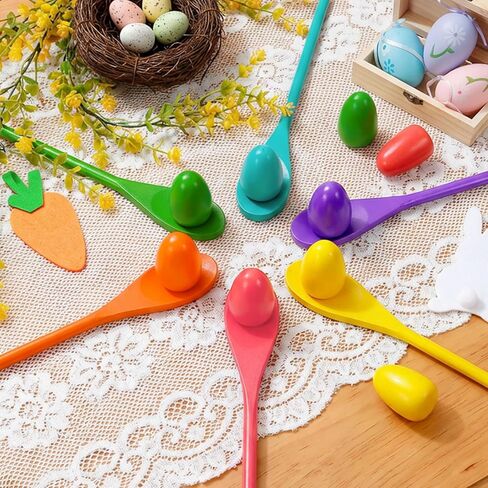 12 Pcs Easter Egg and Spoon Race Game Set, 6 Players Carnival Egg and Spoon Relay Game, Wooden Egg Spoon Balance Carnival Games for Easter Birthday Holiday Outdoor Family Activities in Saudi Arabia