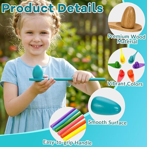 12 Pcs Easter Egg and Spoon Race Game Set, 6 Players Carnival Egg and Spoon Relay Game, Wooden Egg Spoon Balance Carnival Games for Easter Birthday Holiday Outdoor Family Activities in Saudi Arabia