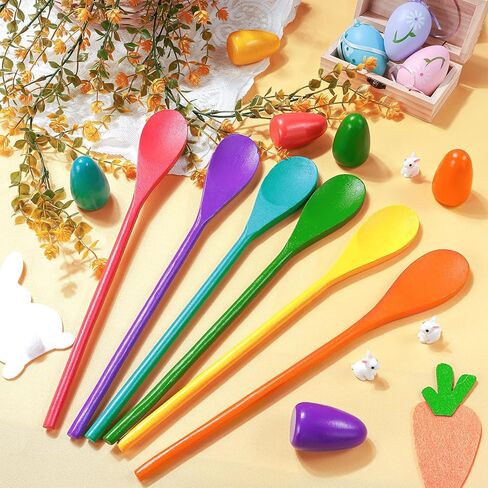 12 Pcs Easter Egg and Spoon Race Game Set, 6 Players Carnival Egg and Spoon Relay Game, Wooden Egg Spoon Balance Carnival Games for Easter Birthday Holiday Outdoor Family Activities in Saudi Arabia
