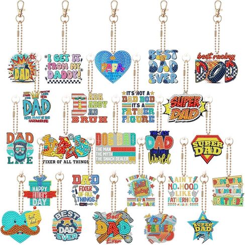 Huquary 24 Sets Father's Day Diamond Art Painting Keychains Kits 5D Dad Diamond Art Keyrings Charm Pendants for Adults Dad DIY Craft Gifts for Father's Day Daddy Birthday Party Favors Bags Decor in Kuwait