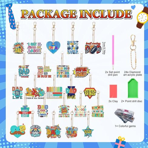 Huquary 24 Sets Father's Day Diamond Art Painting Keychains Kits 5D Dad Diamond Art Keyrings Charm Pendants for Adults Dad DIY Craft Gifts for Father's Day Daddy Birthday Party Favors Bags Decor in Kuwait