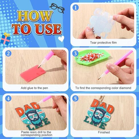 Huquary 24 Sets Father's Day Diamond Art Painting Keychains Kits 5D Dad Diamond Art Keyrings Charm Pendants for Adults Dad DIY Craft Gifts for Father's Day Daddy Birthday Party Favors Bags Decor in Kuwait