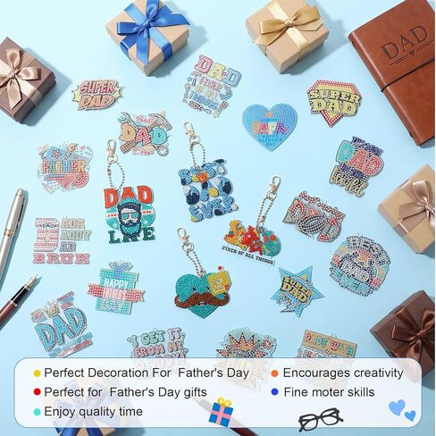 Huquary 24 Sets Father's Day Diamond Art Painting Keychains Kits 5D Dad Diamond Art Keyrings Charm Pendants for Adults Dad DIY Craft Gifts for Father's Day Daddy Birthday Party Favors Bags Decor in Kuwait