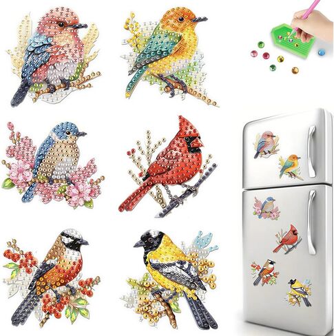 6 Pcs DIY 5D Diamond Art Magnets, Birds Diamond Painting Magnets Kit for Adults Beginners, Refrigerator Kitchen Home Decor Gifts for Bird Lovers in Kuwait