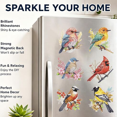 6 Pcs DIY 5D Diamond Art Magnets, Birds Diamond Painting Magnets Kit for Adults Beginners, Refrigerator Kitchen Home Decor Gifts for Bird Lovers in Kuwait