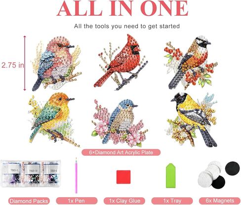 6 Pcs DIY 5D Diamond Art Magnets, Birds Diamond Painting Magnets Kit for Adults Beginners, Refrigerator Kitchen Home Decor Gifts for Bird Lovers in Kuwait
