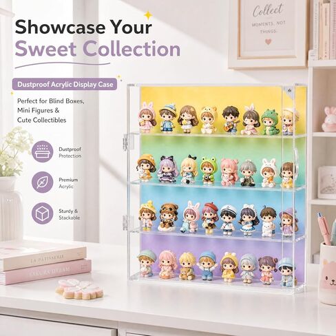 Hoteam Acrylic Display Case for Figures 13.4 x 11.75 x 2.5in Macaron Gradient Wall Mounted Mini Doll Storage Box, 4 Tier Collectibles Showcase for Blind Box Toys, Jewelry, Charms, Desktop Organizer in Kuwait