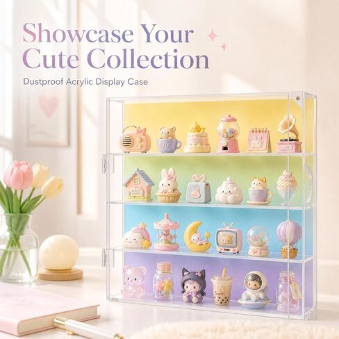 Hoteam Acrylic Display Case for Figures 13.4 x 11.75 x 2.5in Macaron Gradient Wall Mounted Mini Doll Storage Box, 4 Tier Collectibles Showcase for Blind Box Toys, Jewelry, Charms, Desktop Organizer in Kuwait
