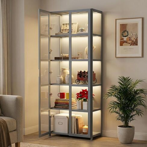 Magshion Display Cabinet with Acrylic Doors, 4-Tier Curio Cabinet, Clear Display Case for Collectibles, Corner Display Shelves for Living Room, Office, Gray in Kuwait