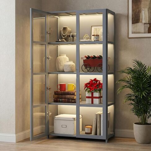 Magshion Display Cabinet with Acrylic Doors, 4-Tier Curio Cabinet, Clear Display Case for Collectibles, Corner Display Shelves for Living Room, Office, Gray in Kuwait