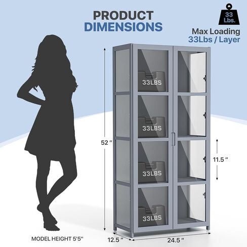Magshion Display Cabinet with Acrylic Doors, 4-Tier Curio Cabinet, Clear Display Case for Collectibles, Corner Display Shelves for Living Room, Office, Gray in Kuwait