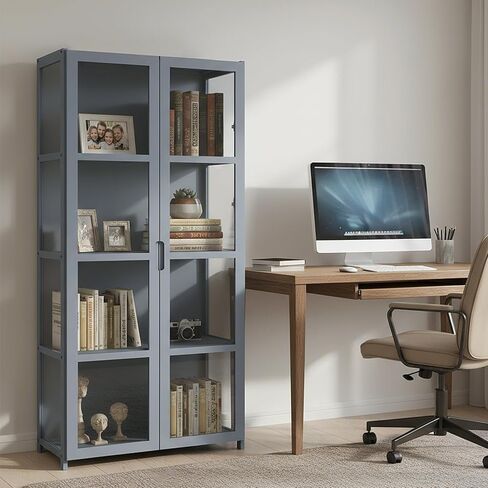 Magshion Display Cabinet with Acrylic Doors, 4-Tier Curio Cabinet, Clear Display Case for Collectibles, Corner Display Shelves for Living Room, Office, Gray in Kuwait