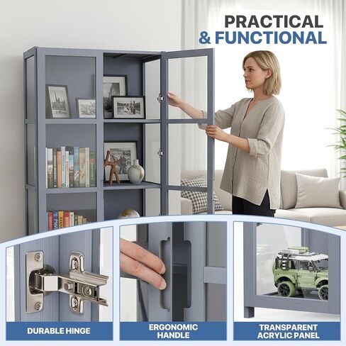 Magshion Display Cabinet with Acrylic Doors, 4-Tier Curio Cabinet, Clear Display Case for Collectibles, Corner Display Shelves for Living Room, Office, Gray in Kuwait