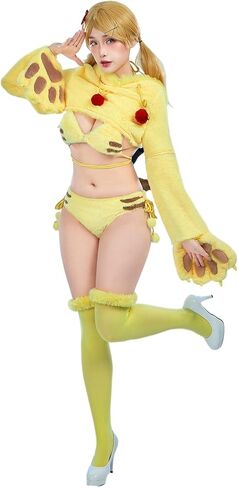 Anime Cosplay Lingerie Set for Women Yellow Plush Pajamas Homewear Furry Paw Gloves Hoodie Top and Bra Panty in Saudi Arabia
