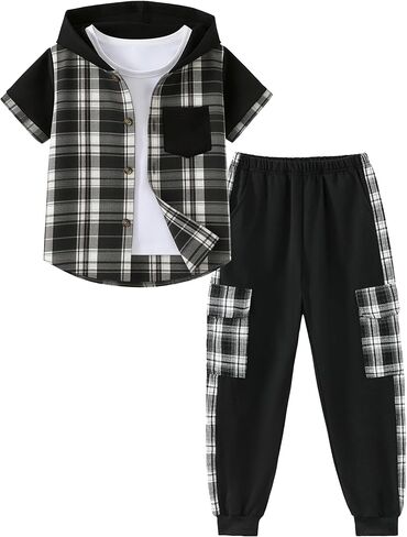 Kids Boy Clothes Plaid Hooded Short-Sleeved Shirt Top and Patchwork design Pants 2Pcs Boys Outfits in Saudi Arabia