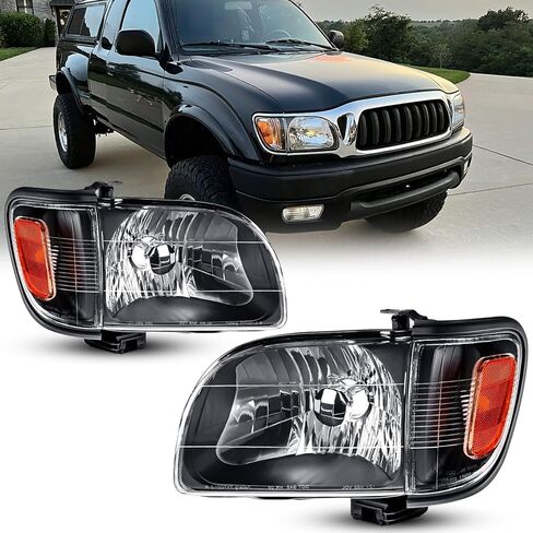 المصابيح الأمامية مع مجموعة أضواء الزاوية لـ 2001 2002 2003 2004 Toyota Tacoma Base Runner Pickup استبدال المصابيح الأمامية للمصابيح الأمامية، غطاء أسود، عدسات شفافة TO2503136 TO2502136 (LH&RH) in Kuwait