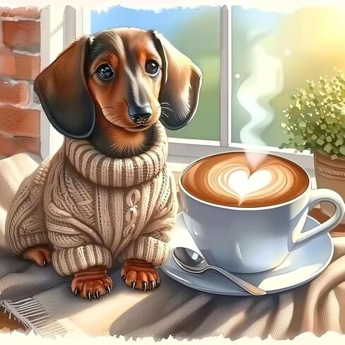 YIYITUPO Diamond Painting for Adults Cute Dachshund Dog Coffee Scene Full Drill Diamond Art Canvas Relaxing DIY Home Wall Decor 5D DIY Art Craft, 13.78 x 13.78 Inch in Saudi Arabia