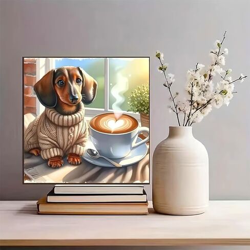 YIYITUPO Diamond Painting for Adults Cute Dachshund Dog Coffee Scene Full Drill Diamond Art Canvas Relaxing DIY Home Wall Decor 5D DIY Art Craft, 13.78 x 13.78 Inch in Saudi Arabia