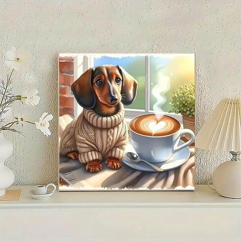 YIYITUPO Diamond Painting for Adults Cute Dachshund Dog Coffee Scene Full Drill Diamond Art Canvas Relaxing DIY Home Wall Decor 5D DIY Art Craft, 13.78 x 13.78 Inch in Saudi Arabia