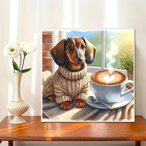 YIYITUPO Diamond Painting for Adults Cute Dachshund Dog Coffee Scene Full Drill Diamond Art Canvas Relaxing DIY Home Wall Decor 5D DIY Art Craft, 13.78 x 13.78 Inch in Saudi Arabia
