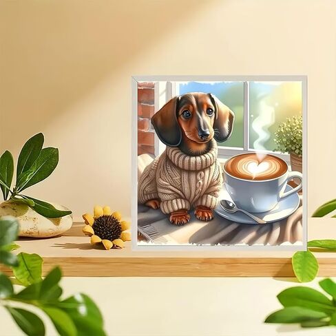 YIYITUPO Diamond Painting for Adults Cute Dachshund Dog Coffee Scene Full Drill Diamond Art Canvas Relaxing DIY Home Wall Decor 5D DIY Art Craft, 13.78 x 13.78 Inch in Saudi Arabia