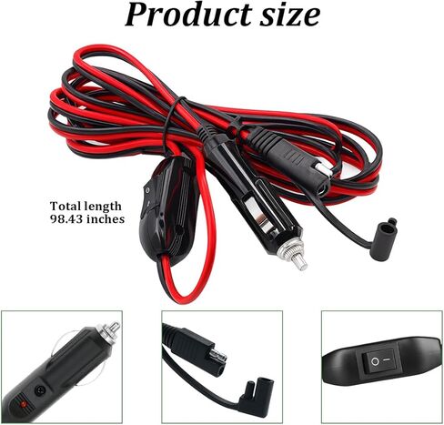 كابل شاحن ولاعة سجائر السيارة SAE، قطعتان 16AWG 8FT ولاعة سجائر ذكر قابس ذكر لكابل تمديد الموصل مع ضوء LED ومفتاح، محول SAE سريع التحرير، ملاءمة عالمية in Kuwait