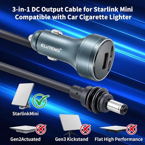 ELUTENG Starlink Mini DC Power Cable 10FT/3M, 12V-24V Car Cigarette Lighter Adapter, 18AWG Waterproof DC Cord, Starlink Mini Replacement Accessories in Kuwait