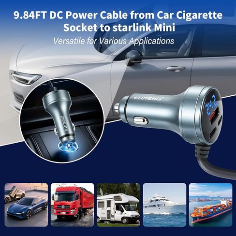ELUTENG Starlink Mini DC Power Cable 10FT/3M, 12V-24V Car Cigarette Lighter Adapter, 18AWG Waterproof DC Cord, Starlink Mini Replacement Accessories in Kuwait