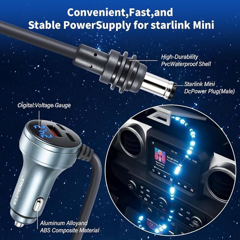 ELUTENG Starlink Mini DC Power Cable 10FT/3M, 12V-24V Car Cigarette Lighter Adapter, 18AWG Waterproof DC Cord, Starlink Mini Replacement Accessories in Kuwait