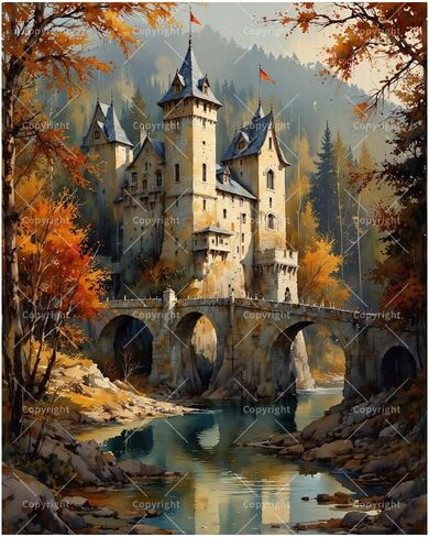 Fairy Tale Castle Paint by Numbers Kit for Adults – DIY Forest Bridge Castle in Autumn Painting on Canvas 16x20In, Acrylic Paint Set, Suitable for Beginners, Art for Home Decoration or Gifts in Kuwait