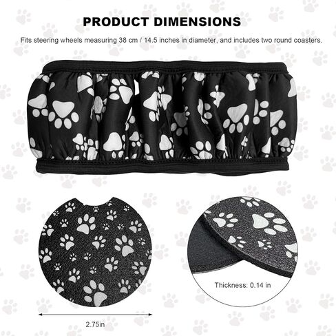 Paw Print Steering Wheel Cover with 2 Coasters, 15 Inch Cute Dog Footprint Steering Wheel Protector & Drink Mat, Adorable Paw Print Anti-Slip Interior Accessories for Most Cars in Kuwait