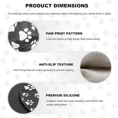 Paw Print Steering Wheel Cover with 2 Coasters, 15 Inch Cute Dog Footprint Steering Wheel Protector & Drink Mat, Adorable Paw Print Anti-Slip Interior Accessories for Most Cars in Kuwait