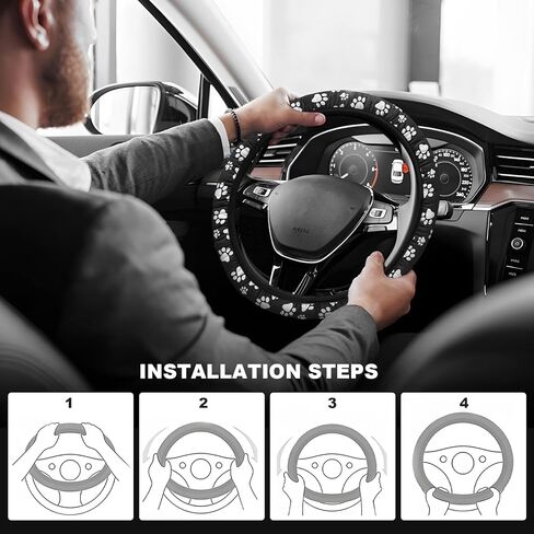 Paw Print Steering Wheel Cover with 2 Coasters, 15 Inch Cute Dog Footprint Steering Wheel Protector & Drink Mat, Adorable Paw Print Anti-Slip Interior Accessories for Most Cars in Kuwait