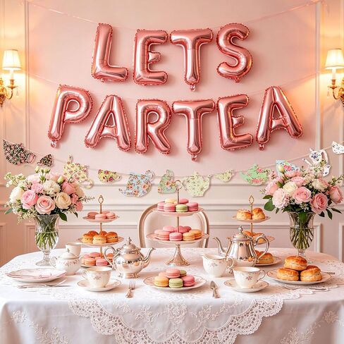 LaVenty 12 PCS LET'S PAR TEA Balloons Tea Party Birthday Banner Decorations Baby Shower First Birthday Decoration Flower Garland(180inch) in Saudi Arabia